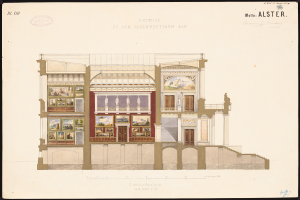 Ein detailliertes Zeichnung eines Opernhauses, das mit kunstvollen architektonischen Elementen und farbenfrohen Gemälden, die Innenraumszenerien zeigen, verziert ist, begleitet von beschreibendem Text.