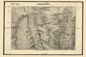 Ein altes topografisches Kartenblatt von Ichenhausen, Deutschland, mit detaillierten Geländedaten und Texten.