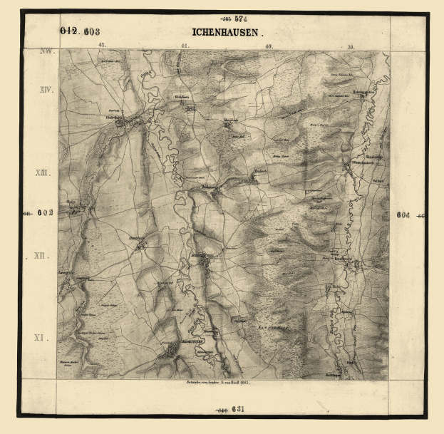 Ein altes topografisches Kartenblatt von Ichenhausen, Deutschland, mit detaillierten Geländedaten und Texten.
