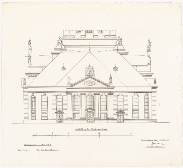 Ein detailliertes Zeichnung von der Schlosshof-Fassade in Dresden, Deutschland, mit zahlreichen Fenstern und Statuen auf einem Blatt Papier mit Text.