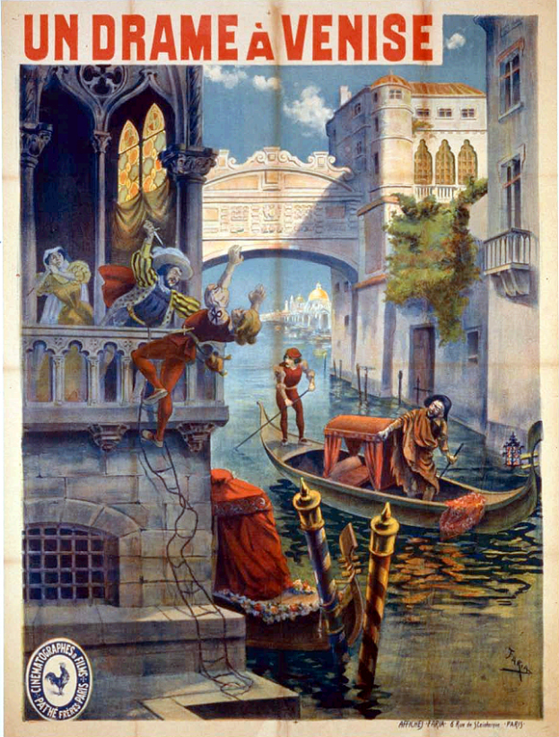 Ein Filmplakat, das Menschen in einem Boot auf dem Wasser zeigt, mit Gebäuden, Bäumen und einer Brücke im Hintergrund, in Venedig, Italien, mit Text, der den Film beschreibt.