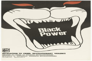 Ein Plakat mit einem schwarzen Power-Logo, einem schwarzen Kreis mit weißer Umrandung und einem weißen Buchstaben "P" in der Mitte und fetter Schrift, die "Rache für Kriminalität, revolutionäre Gewalt" lautet.