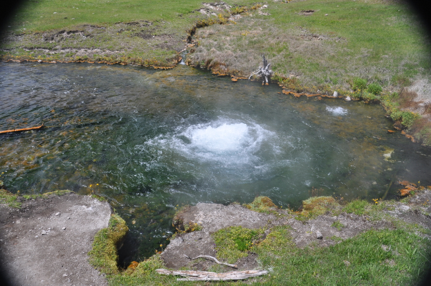 Ein Fluss fließt durch die Mitte des Bildes, mit Gras, Sand und Holzstöcken oben und unten.