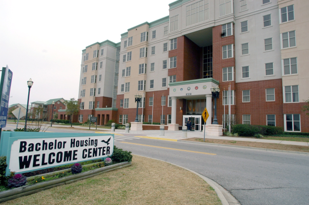 Ein Willkommenszentrum für Bachelor-Unterkünfte mit Gebäuden, Straßenlaternen, Lampen, Schildern, Fahrzeugen, Grünflächen und einem klaren Himmel.