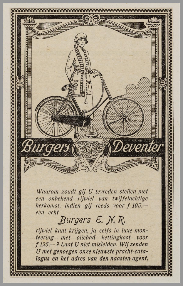 Eine alte Werbung für Burgers Deventer, die eine Frau auf einem Fahrrad zeigt, mit Text, der die Eigenschaften des Fahrrads beschreibt.