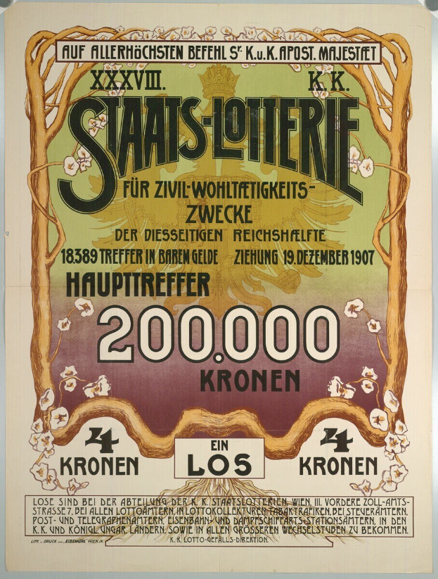 Ein Plakat an einer Gebäudewand mit einem großen Geldbetrag, Text und Zahlen, wahrscheinlich eine Lotteriewerbung.