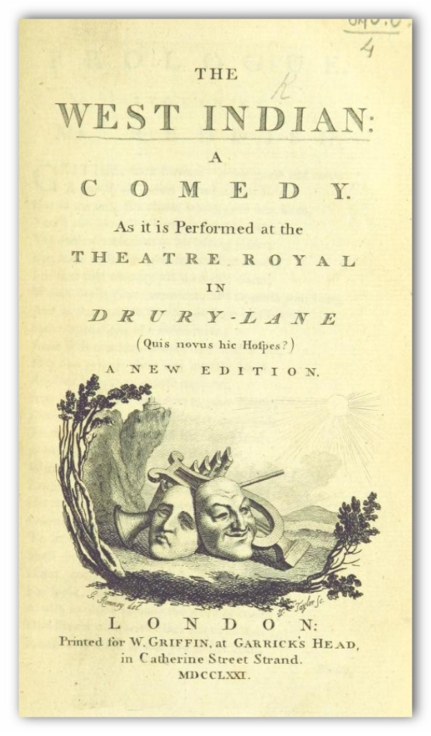 Plakat für 'The West Indian Comedy' im Theatre Royal in Drury Lane mit einem Schwarz-Weiß- Bild eines Mannes in Zylinder und einer Frau in langem Kleid, die beide lächeln und in die Kamera schauen, mit dem Titel in fetter, weißer Schrift.