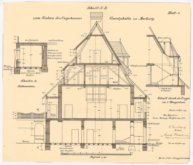 Schwarz-weißes Architekturzeichnung eines Hauses mit zahlreichen Fenstern und einem Dach, beschriftet als erstes Haus Deutschlands, begleitet von detaillierten Bauplänen und Text.