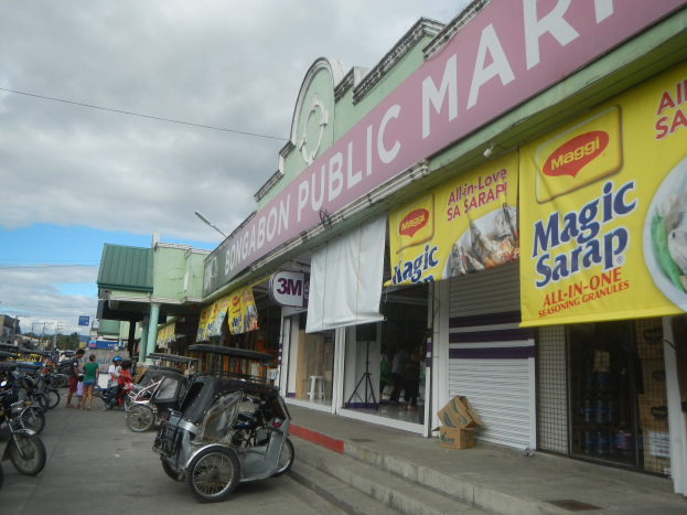 Eine belebte Straße mit parkenden Fahrzeugen, Fürdern auf dem Gehweg, Gebäude mit Namensschildern, Oberleitungen, Bäume und ein bewölktes Himmel, mit einem Ladenschild "Bongabon Public Market" im Vordergrund.