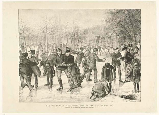 Eine Gruppe Von Menschen, Die Auf Einer Eisbahn In Einem Park Schlittschuhlaufen, Mit Bäumen Und Einer Brücke Im Hintergrund Und Text Unten, Der 'Het Us-Vermaak In Het Vondelpark Op Zondag 10 Januar 1887' Liest.