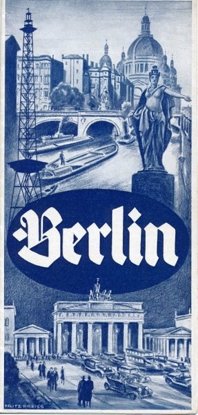 Plakat, das Berlin, Deutschland bewirbt und eine Statue, Gebäude, einen Turm, Menschen, Fahrzeuge auf der Straße und eine Brücke zeigt. Auf dem Plakat steht auch Text, der wahrscheinlich Informationen über die Stadt enthält.