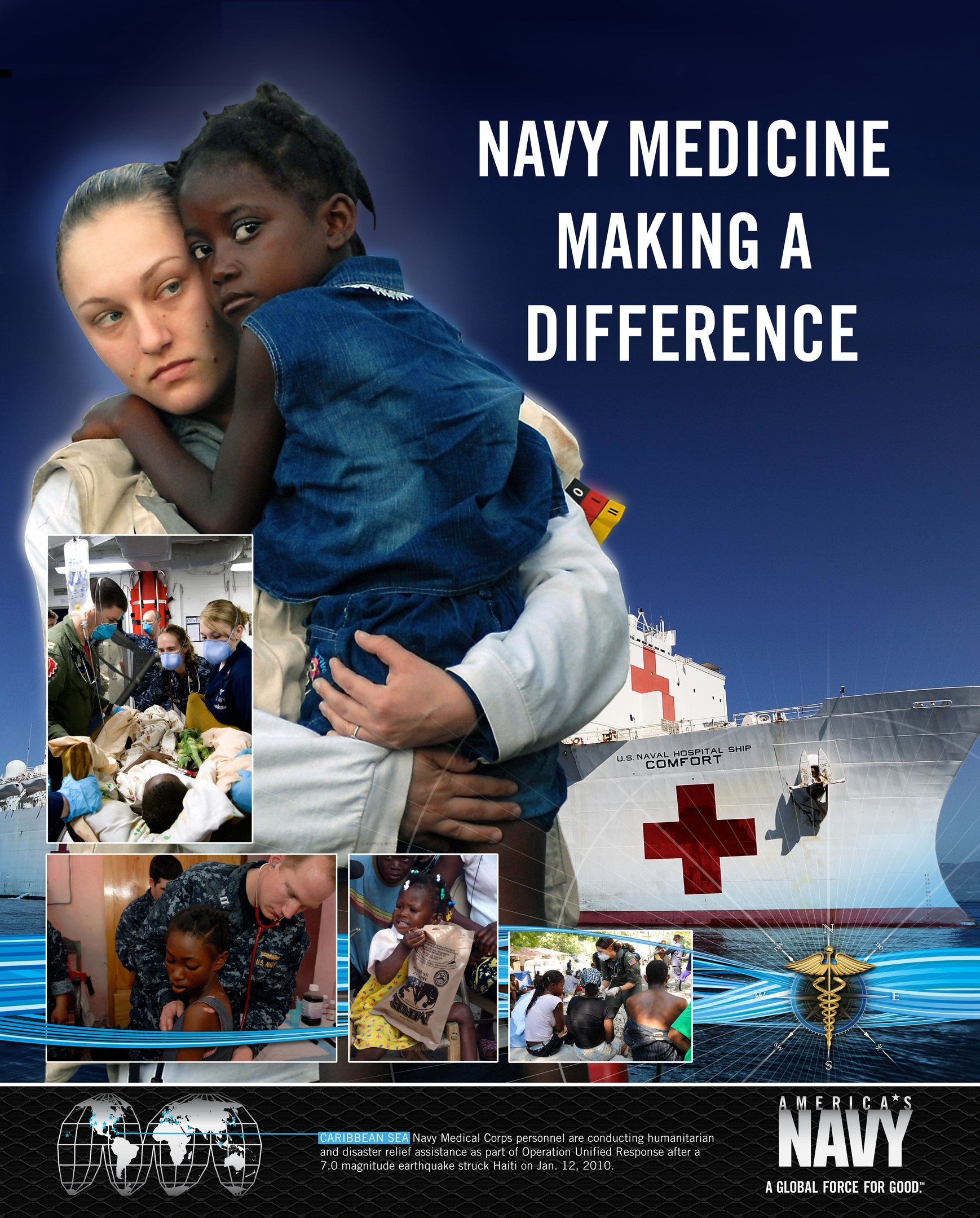 Ein Plakat mit der Aufschrift 'Navy Medicine Making a Difference' zeigt eine Frau mit einem Kind in der Mitte, umgeben von Bildern von Menschen, einem Schiff und Wasser.