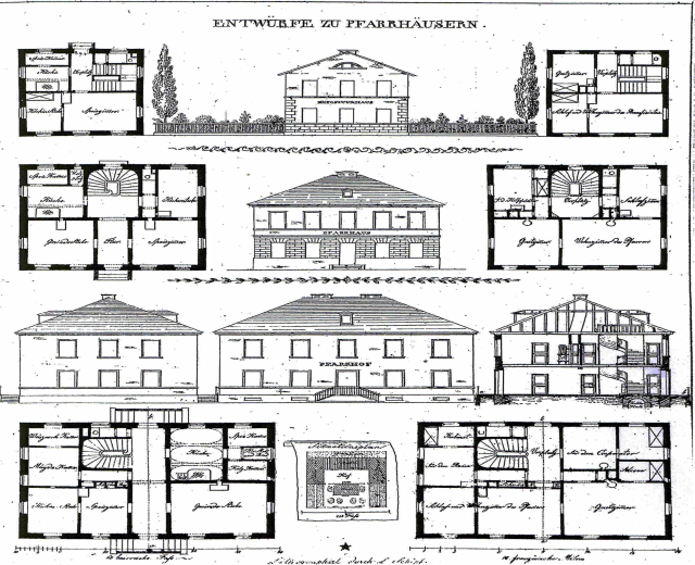 Schwarze und weiße architektonische Zeichnung eines Hauses mit zahlreichen Fenstern, umgeben von Bäumen, beschriftet mit "Pläne für ein Haus in Deutschland".