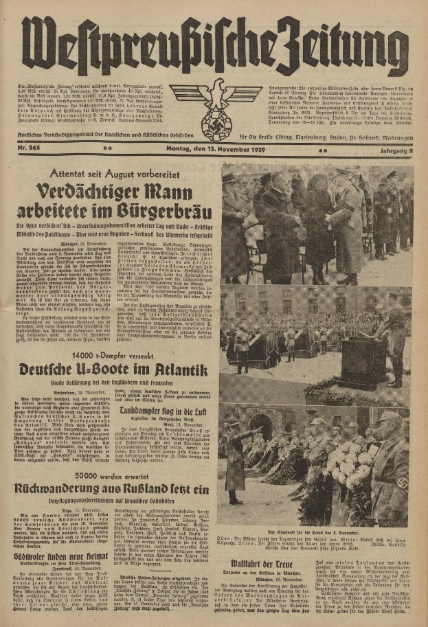 Schwarze-weisse Titelseite einer deutschen Zeitung vom 13. November 1939 mit der Uberschrift 'Weitpreubliche Zeitung' und einem Foto von Menschen in traditioneller deutscher Tracht beim Feiern.