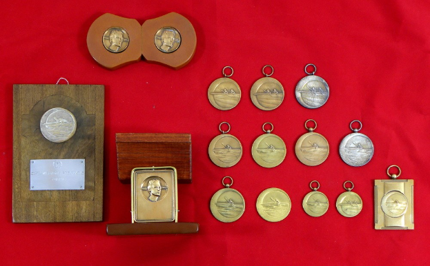 Sammlung von Medaillen auf rotem Tuch mit einem hölzernen Schild oder Preis in der Mitte.