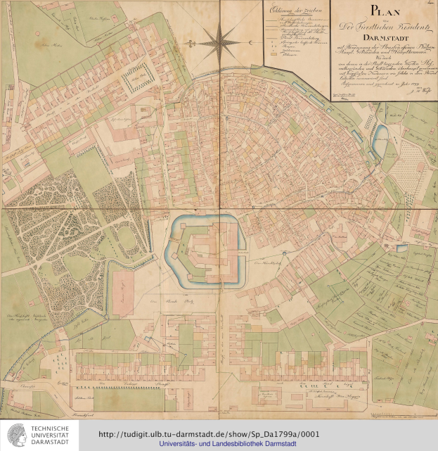 Ein detaillierter alter Stadtplan von Darmstadt, Deutschland, der Straßen, Gebäude und Sehenswürdigkeiten zeigt, mit Text oben und unten.
