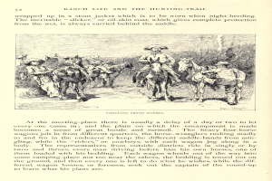 Eine Buchseite mit einer Illustration von Menschen in Cowboyhüten und -stiefeln, die galoppierende Pferde über eine grüne Wiese reiten, mit dem Text "Ranch Life and the Hunting Trail".