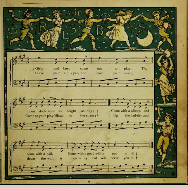 Ein Blatt mit einem Bild von fröhlich tanzenden Kindern in bunten Kleidern und strahlenden Gesichtern neben einem Notenblatt mit der Überschrift "Jungs und Mädels".