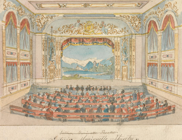 Eine Zeichnung eines Theaterauditoriums mit sitzenden Menschen, detaillierten Wanddesigns, einer beleuchteten Decke und dekorativem Text am unteren Rand.