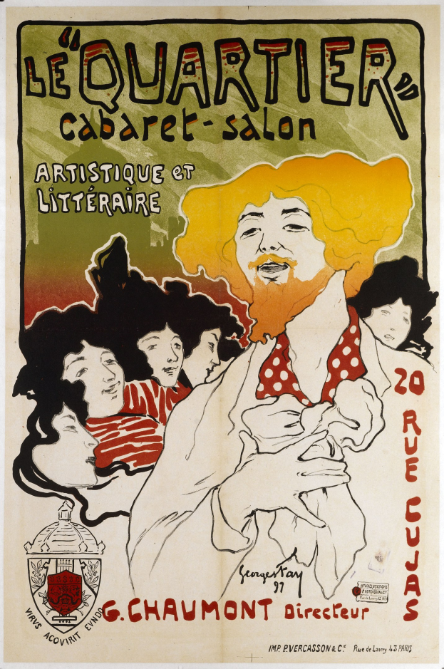 Ein buntes Vintage-Plakat für das Quartier Cabaret Salon in Paris, das eine Gruppe von Menschen umgeben von großer Schrift und einem dekorativen Rahmen in Bläuen, Grünen und Gelb zeigt.