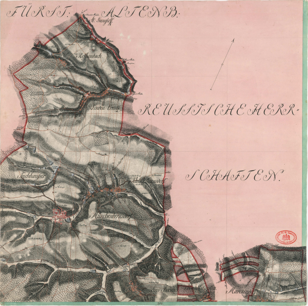 Ein detaillierter alter Stadtplan von Schaffen, Deutschland, der Straßen, Gebäude, Sehenswürdigkeiten und Text mit Informationen zur Bevölkerung, Bevölkerungsdichte und Lage der Stadt zeigt.