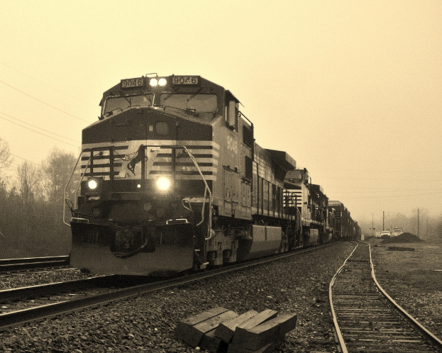 Ein Zug auf Schienen mit Autos, Strommasten, Bäumen und einem Himmel im Hintergrund.