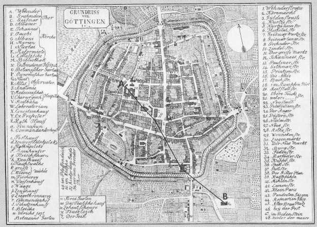 Eine schwarz-weiße detaillierte Karte von Göttingen, Deutschland, die Straßen, Gebäude und Sehenswürdigkeiten mit Textbeschriftungen zeigt.