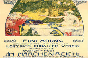 Ein Plakat, das ein Festival in M├╝nchen, Deutschland, ank├╝ndigt und ein Bild einer Frau mit menschlichem Gesicht zeigt, umgeben von Menschen und B├Ąumen.