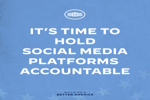 Ein Plakat mit fetter, schwarzer Schrift, die den Text 'Es ist Zeit, Social-Media-Plattformen zur Rechenschaft zu ziehen' in der Mitte eines weißen Hintergrunds zeigt, eingerahmt von einem dünnen schwarzen Rand.