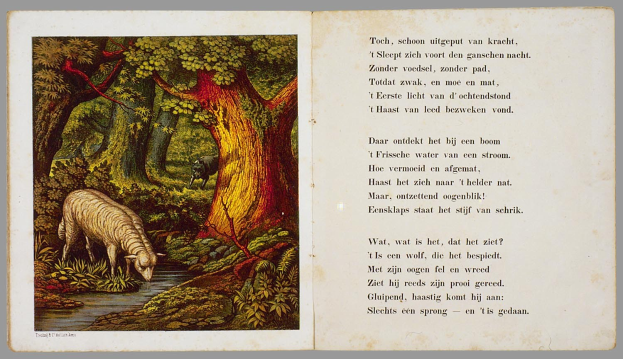 Offenes Buch mit einem grasenden Schaf in einem bewaldeten Gebiet, umgeben von Bäumen, Pflanzen und Wasser, mit dem Titel "Die Geschichte des Schafs" auf der rechten Seite.