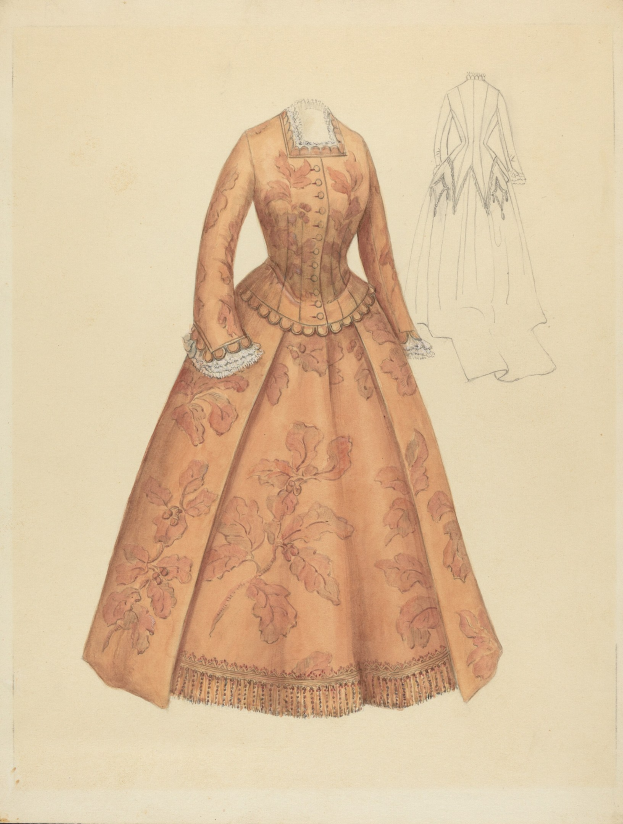 Eine Zeichnung eines Kostümdesigns aus dem 18. Jahrhundert mit einem langen Kleid mit hohem Kragen, floral gemustertem Oberteil in Rosa, Lila und Blau und einem Spitzenbesatz an Rock und Ärmeln.