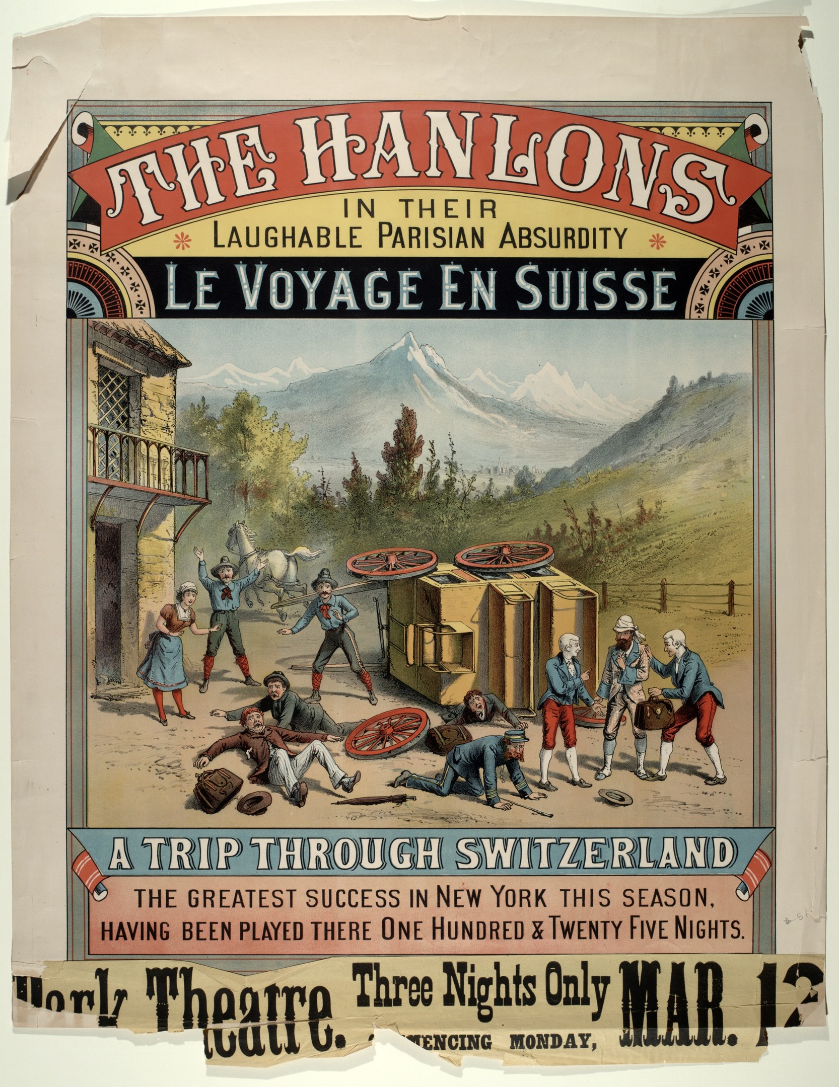 Plakat, das "Hanlons in ihrer lachhaften Pariser Absurdität Le Voyage en Suisse" ankündigt, mit einer Gruppe von Menschen, einem Gebäude, Bäumen, Hügeln und einem Himmel im Hintergrund sowie Text.