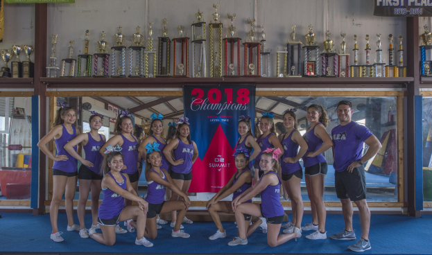 Gruppe von Cheerleadern in lila T-Shirts und schwarzen Shorts posiert vor einem Vitrinenschrank mit einer "2018 Summit Cheerleading Champions"-Aufschrift im Hintergrund.