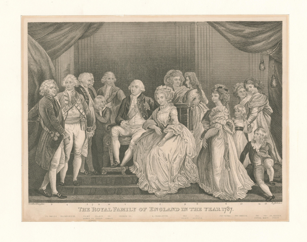 Eine Gruppenaufnahme der englischen Königsfamilie im Jahr 1787, die auf einer Treppe steht und sitzt, mit einer Vorhangwand im Hintergrund und Text unten.