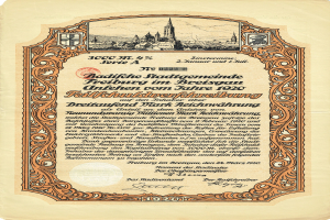 Altes deutsches Aktienzertifikat mit einer Stadtansicht und gedrucktem Text, der wahrscheinlich seinen Ursprung angibt.