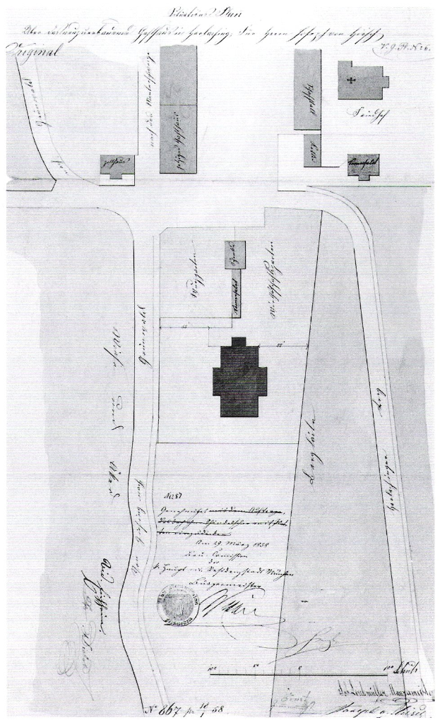 Eine Schwarz-Weiß-Zeichnung einer Stadtkarte mit zahlreichen Gebäuden, die als Lageplan für einen neuen Bau in London gilt, mit begleitendem Text zur Gebäudeanlage.