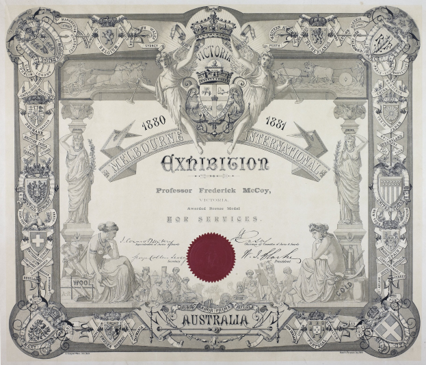 Altes Zeugnis mit rotem Wachssiegel, verziert mit Text und Bildern.