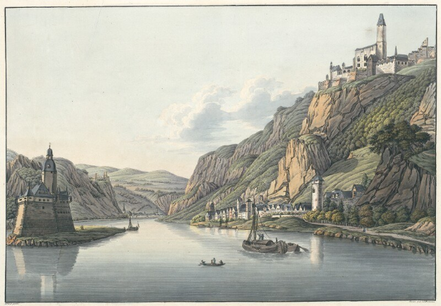 Gemälde eines Flusses mit Booten, umgeben von Hügeln, Bäumen, Gebäuden und einem bewölkten Himmel, mit "Karlsruher Schloss in Deutschland" unten.