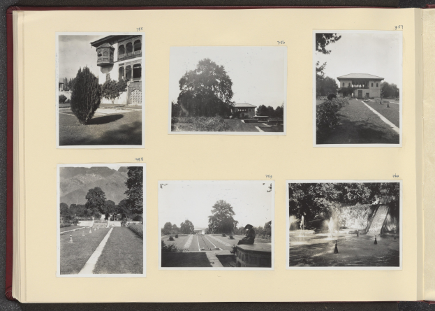 Offenes Buch mit einer Collage aus Schwarz-Weiß-Fotografien, die Bäume in der Mitte zeigen, umgeben von Bildern von Gebäuden und einem Brunnen.