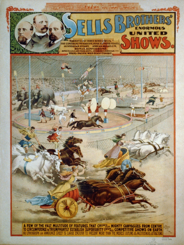 Zirkusplakat, das Sell's Brothers' Enormous United Shows ankündigt und eine Gruppe von Menschen zeigt, die Pferde reiten.