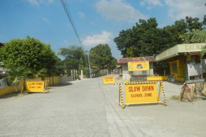 Eine Straße mit einem gelben "Slow Down School Zone"-Schild, geparkte Fahrzeuge auf der rechten Seite und Bäume, Gebäude, Mäste, Drähte und Himmel im Hintergrund.