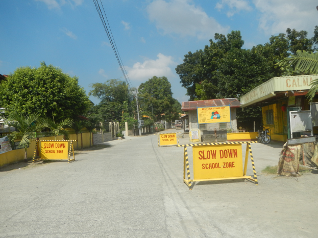 Eine Straße mit einem gelben "Slow Down School Zone"-Schild, geparkte Fahrzeuge auf der rechten Seite und Bäume, Gebäude, Mäste, Drähte und Himmel im Hintergrund.