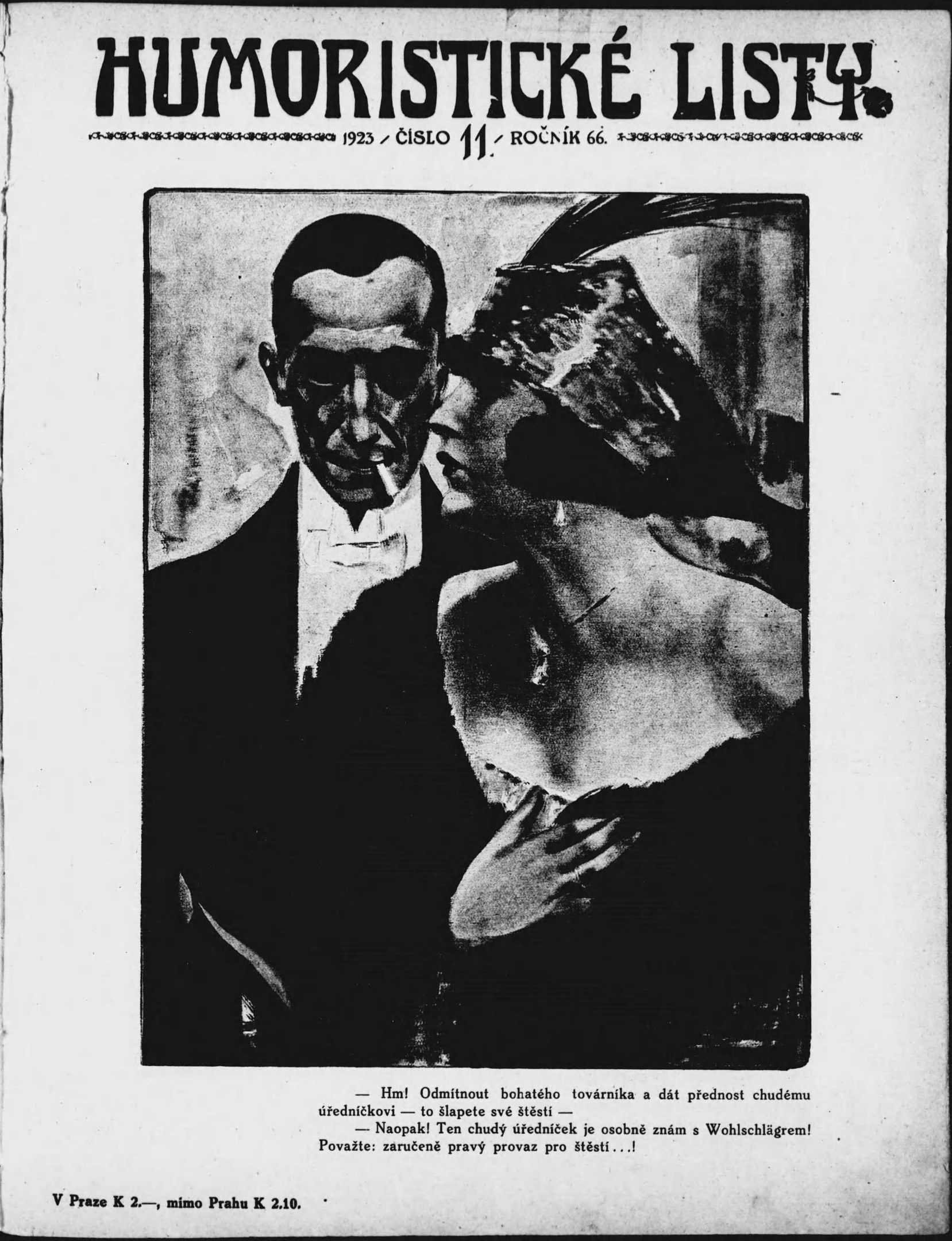 Schwarz-weißes Magazin-Cover mit der Aufschrift 'Humoristische Liste', das einen Mann in einem Anzug mit ernster Miene und eine Frau zeigt, die verschmitzt in die Ferne blickt.