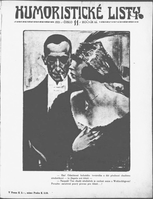 Schwarz-weißes Magazin-Cover mit der Aufschrift 'Humoristische Liste', das einen Mann in einem Anzug mit ernster Miene und eine Frau zeigt, die verschmitzt in die Ferne blickt.