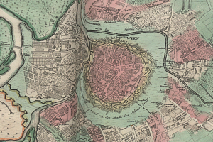 Ein alter Stadtplan der Stadt Wien, Deutschland, der Straßen, Gebäude und Sehenswürdigkeiten in detaillierter Weise zeigt.