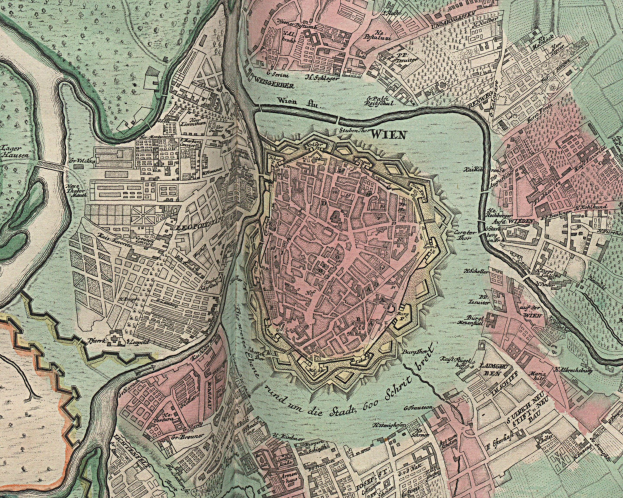 Ein alter Stadtplan der Stadt Wien, Deutschland, der Straßen, Gebäude und Sehenswürdigkeiten in detaillierter Weise zeigt.