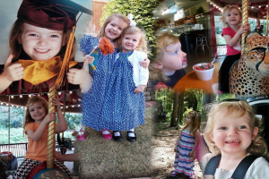 Eine Collage mit Vergnügungspark-Fahrgeschäften, einem Tisch mit Essensartikeln einschließlich eines Bechers und Löffels, verschiedenen Gegenständen, Lichtern, einer Wand, Büschen, Bäumen, Gras, einem Seil und einem Hut.