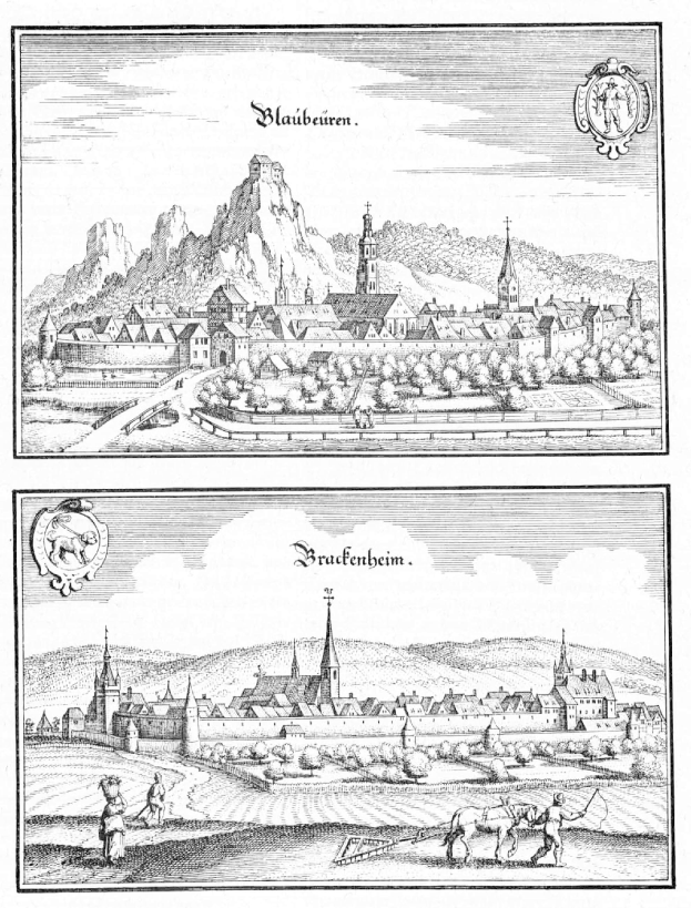 Eine schwarz-weiße Gravur einer Stadt mit einer Burg im Hintergrund, umgeben von Bäumen, Hügeln und Menschen, mit dem Text "Brückeheim, Deutschland aus der Illustrated London News" unten.
