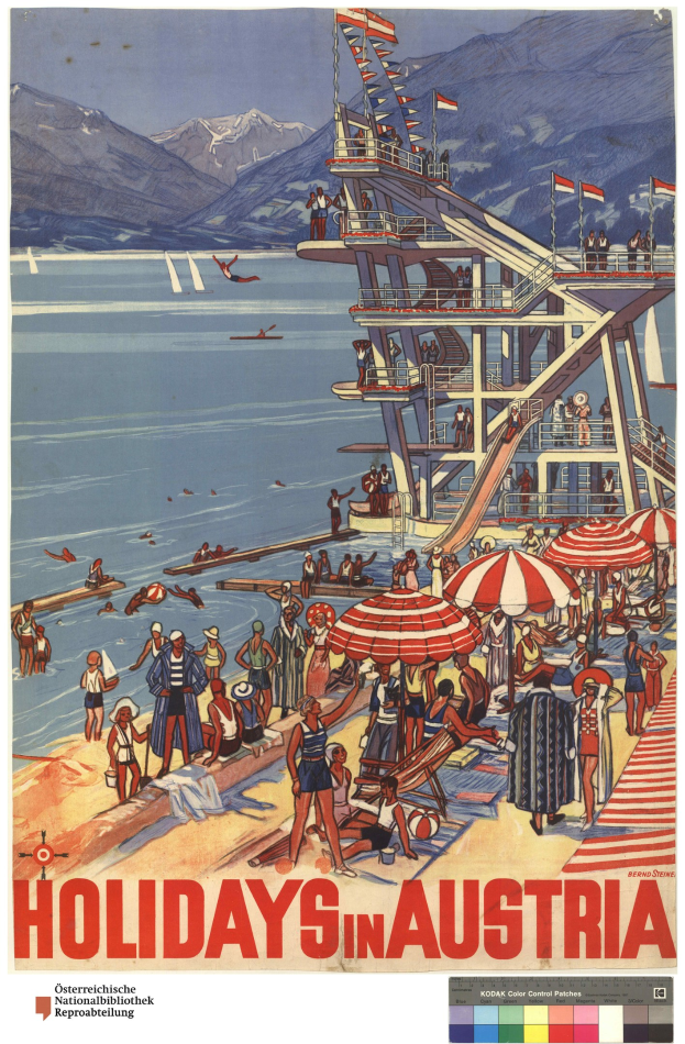 Plakat, das Urlaub in Österreich bewirbt und Menschen am Strand mit Schirmen, einem Schiff im Hintergrund, schwenkenden Fahnen und fernen Bergen zeigt.