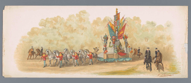 Ein Gemälde eines Karnevalsumzugs mit Menschen in bunten Kostümen, die auf Pferden vor einem geschmückten Wagen reiten, vor einem Hintergrund aus Bäumen und einem klaren blauen Himmel.